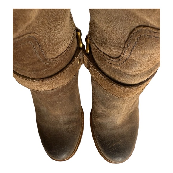 Rare PRADA Knee High Brown Suede Lug Sole Block Heel Harness Boots Size 7 - Picture 4 of 8